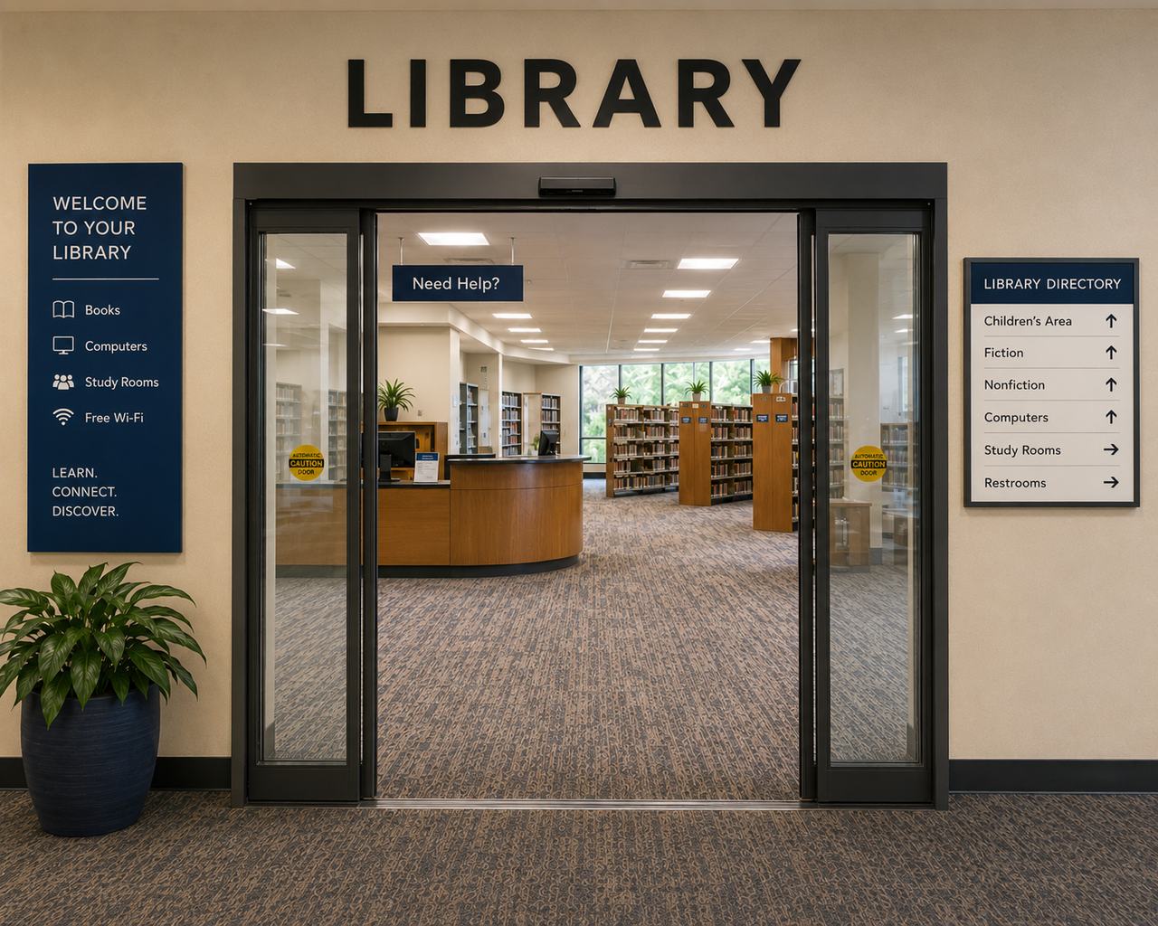 A library entrance with wide automatic sliding glass doors, large "LIBRARY" lettering above, a welcome sign listing books, computers, study rooms and Wi-Fi, and a high-contrast directory sign with arrows to the children's area, fiction, nonfiction, computers, study rooms and restrooms. Inside, a service desk with a "Need Help?" sign is visible down a wide, uncluttered aisle.