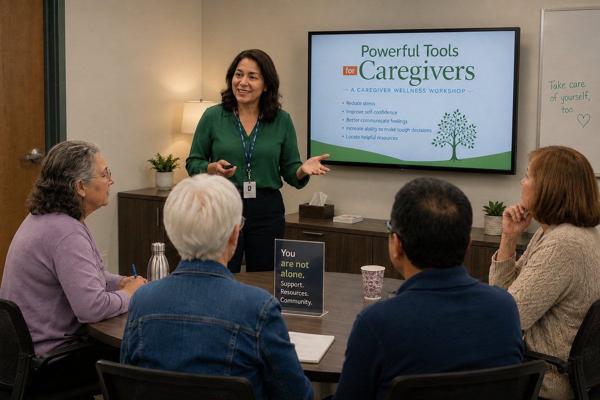 A workshop facilitator speaks to five adults seated around a table, gesturing toward a screen displaying a slide titled "Powerful Tools for Caregivers."