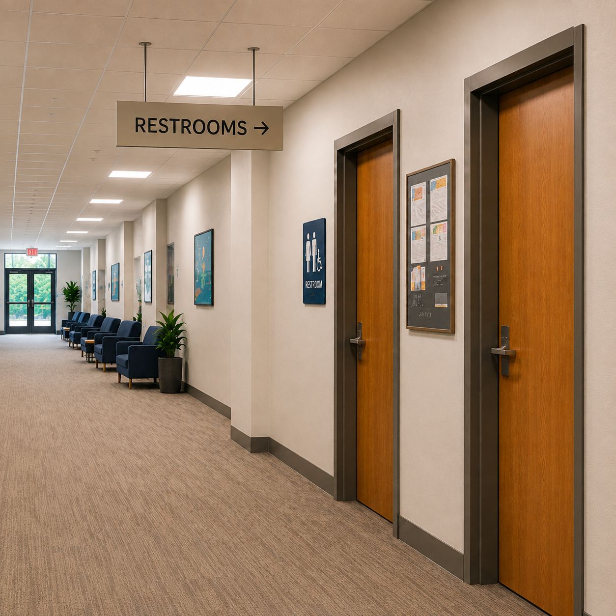 A library corridor with a ceiling-hung "RESTROOMS" sign and arrow, and a high-contrast restroom sign with figure and wheelchair icons mounted at eye level beside the door.