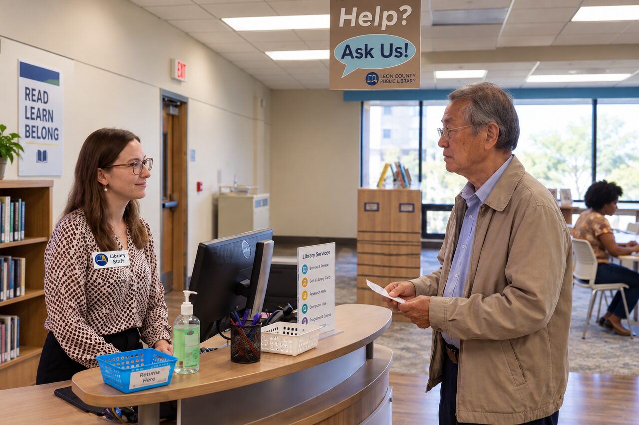 A library staff member wearing a "Library Staff" name badge stands at a curved service desk talking with an older man holding a slip of paper. A ceiling sign above the desk reads "Help? Ask Us!" and a countertop sign lists library services: borrow and renew, get a library card, research help, computer use, and programs and events.