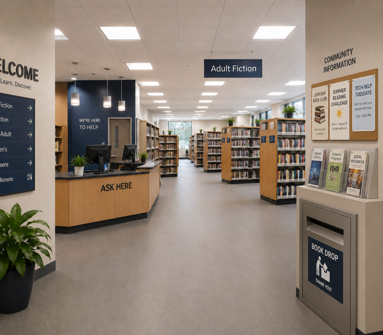 A brightly lit library interior with evenly spaced ceiling panel lights and plain matte gray flooring with no pattern or glare, looking past a service desk marked "Ask Here" toward book stacks and a window at the far end.