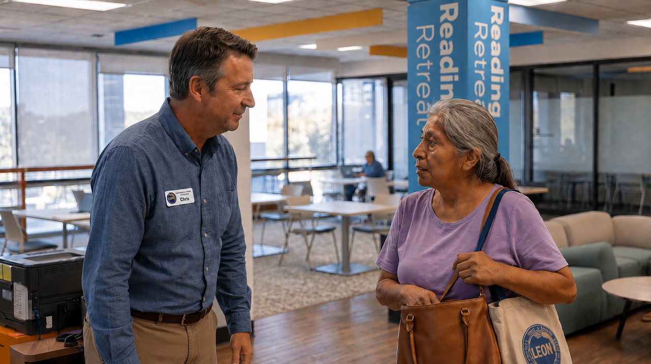 A library staff member wearing a name badge bends slightly to face an older woman at eye level, making eye contact with a calm, open expression as they talk near the library reading area.