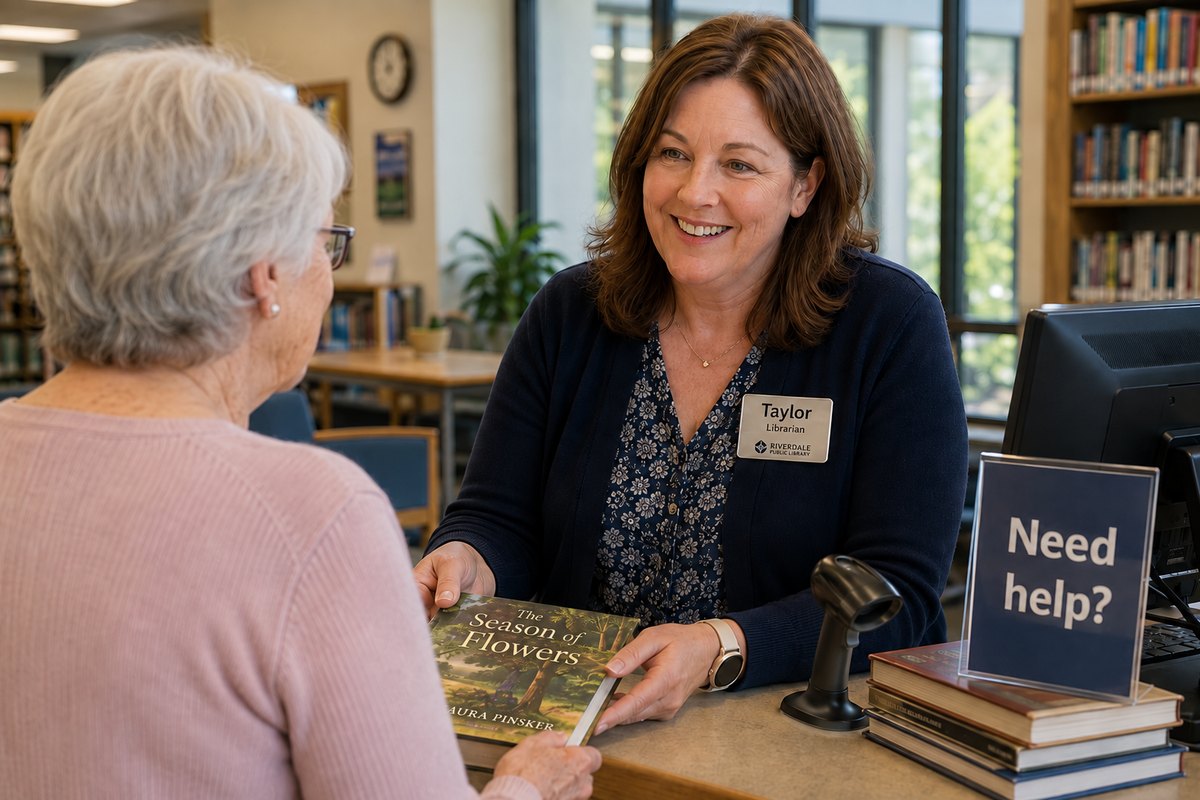 A librarian at a service desk smiles while handing a book to an older adult patron.
